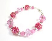 Pink Kawaii Bracelet, Crystal Bracelet, Pink and Silver, Heart Clasp, Sparkle Jewelry, Pretty Bracelet, Faceted Glass Beads