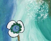 Wondering, flower original art, acrylic painting, whimsical, on wood 5 x 5 inches, rich texture, teal blue