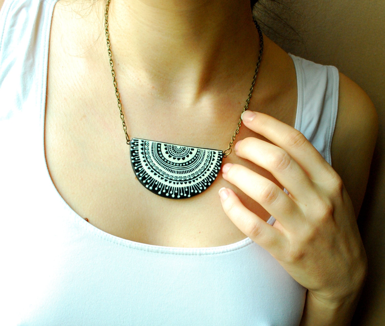 Black and White hand painted Ceramic Necklace - two sided necklace - hand painted jewelry