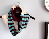 Handmade Up-cycled maroon, light gray, brown and blue T-shirt scarf