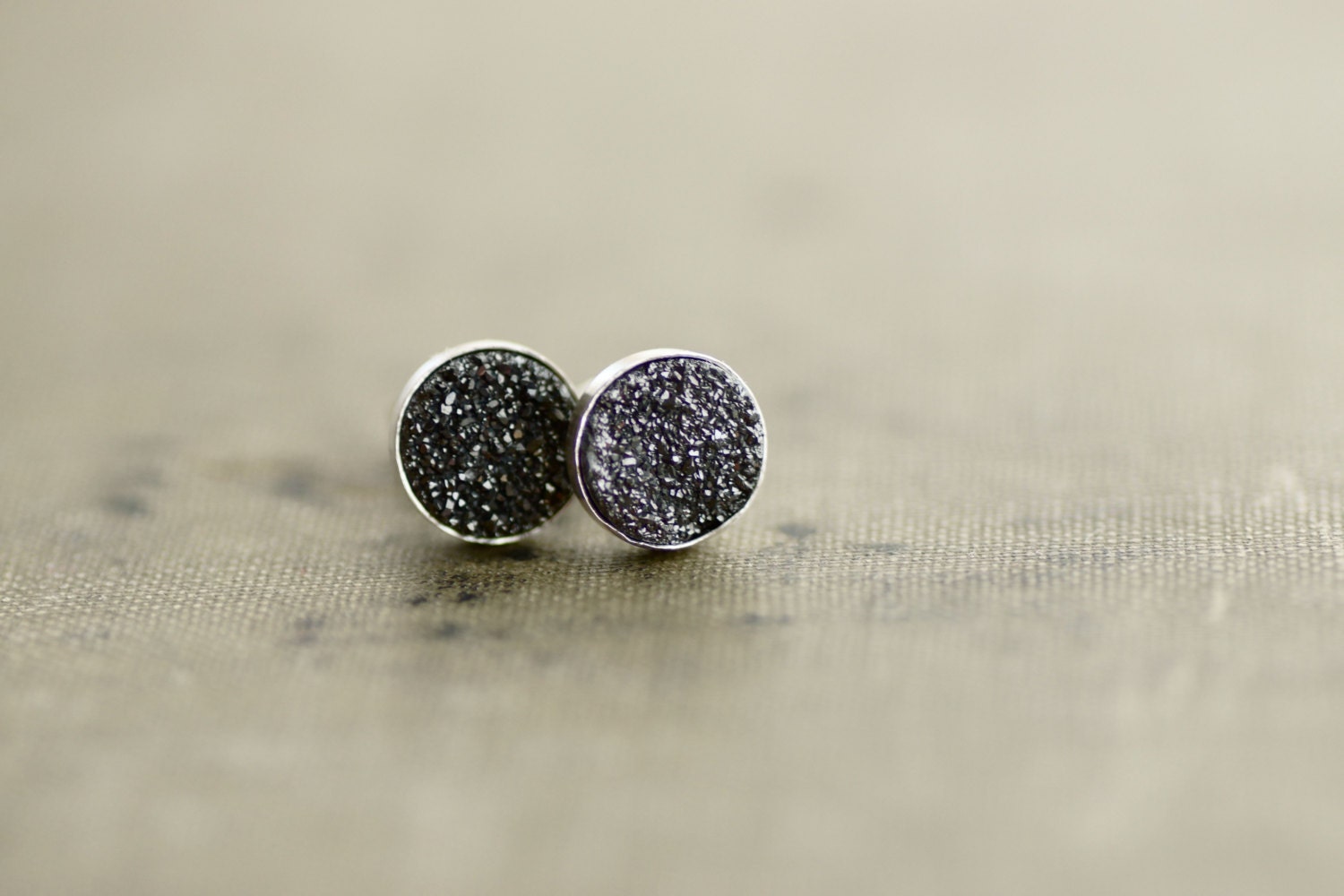 Black Druzy on Sterling Silver Studs - Round Gemstone