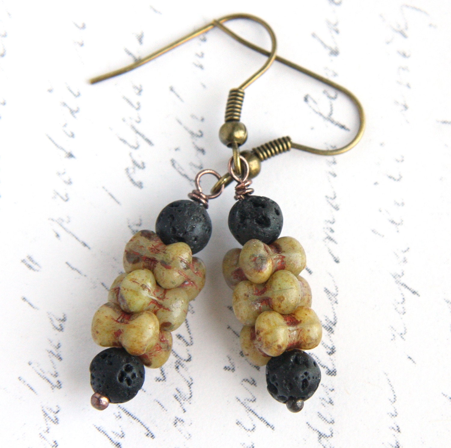 Small Dangle Wire Wrapped Earrings, Boho Earthy Rustic Tribal Primitive, Black Lava Stone, Czech Pressed Glass Beads, Antique Bronze