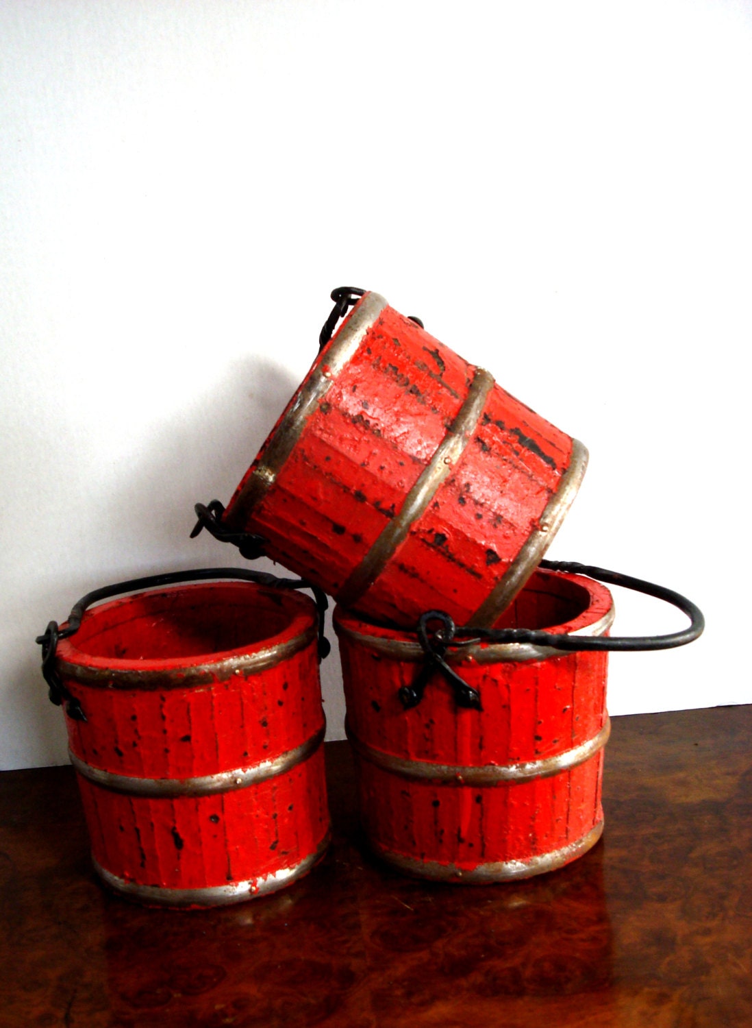 Vintage Miniature Red  Rice Bucket with Hand Forged Iron