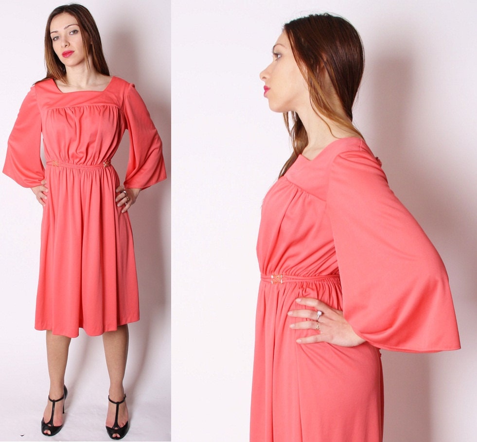 Vintage Coral Salmon Pink Batwing Sleeve Cocktail Party Dress / Dress / Dresses / Coral and Gold / 1970s Dress / 1823