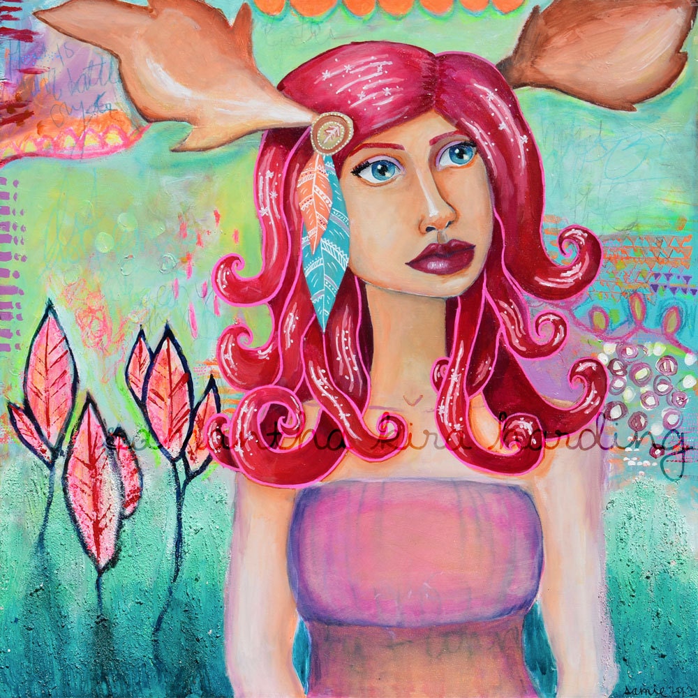 Listening to Her Wild Self Mixed Media PRINT