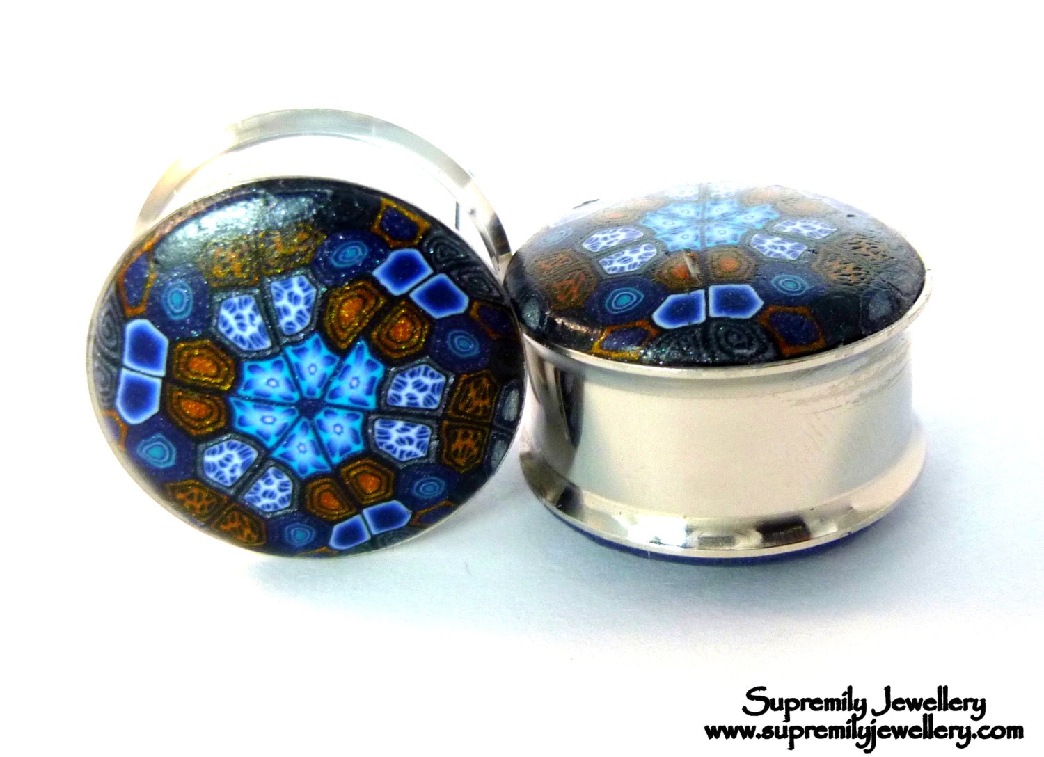 20mm Kaleidoscope Blue Plugs Fimo 3/4Inch Polymer Clay Wearable Art