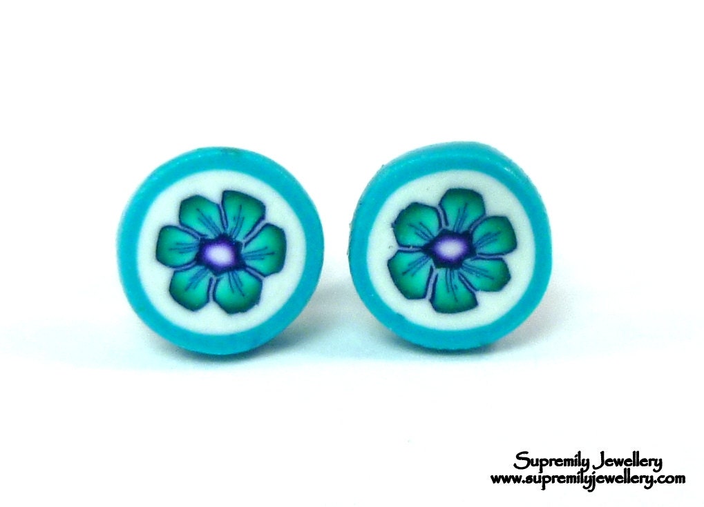 Turquoise Flower Stud Earrings Polymer Clay Fimo Wearable Art