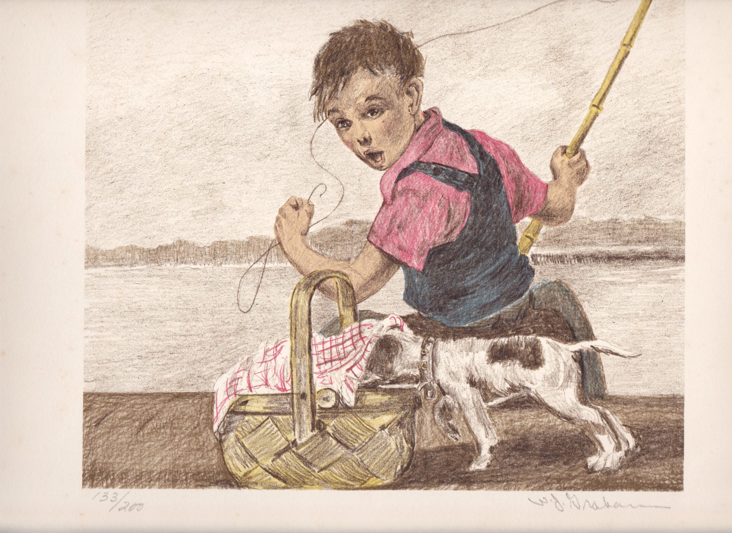 Boy Fishing While Dog in Picnic Basket Hand Colored Etching Limited Edition Signed Numbered 133/200 by Artist W.J. Graham