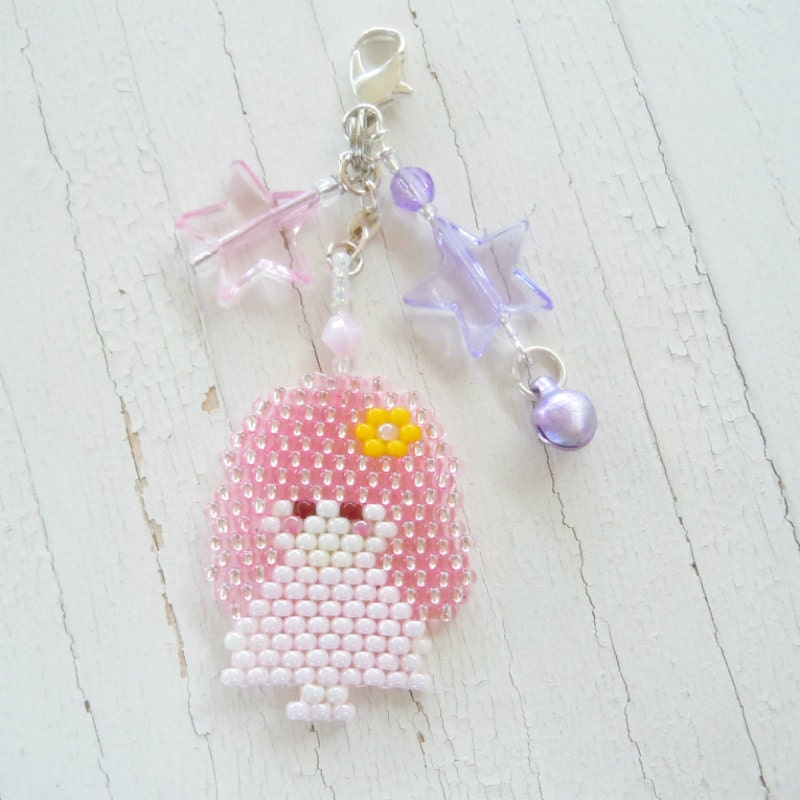 Beaded Pink Fairy with Pastel Stars,  Zipper Pull / Charm, Kawaii Accessory