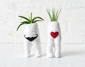 I Heart Mustache Twins - Air Plant Garden Love - Antique German Dolls - Live Headless Planters