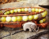 Lime Green Quartzite Double Wrap Bracelet with Silver Elephant Button