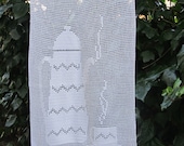 French Crochet Panel, Filet Crochet, Handmade Lace Curtain, Coffee Pot
