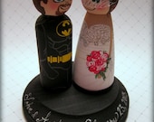 Superhero and His Bride / Wedding Cake Topper/ Custom Painted Wood Peg Dolls with Plaque