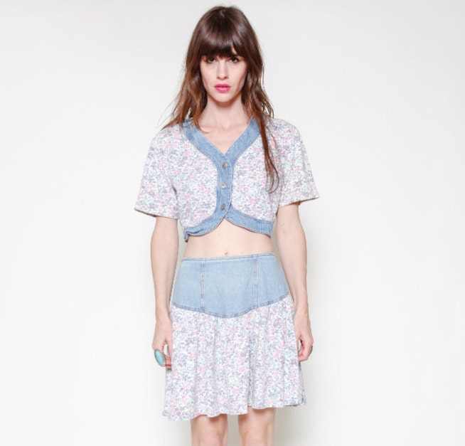Denim and floral 2 piece top and skirt 90s