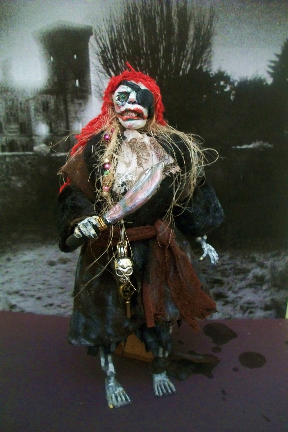 Ghost Pirate Miniature Undead Zombie Corpse Doll, 6 inches tall OOAK Dollhouse Character, free-standing