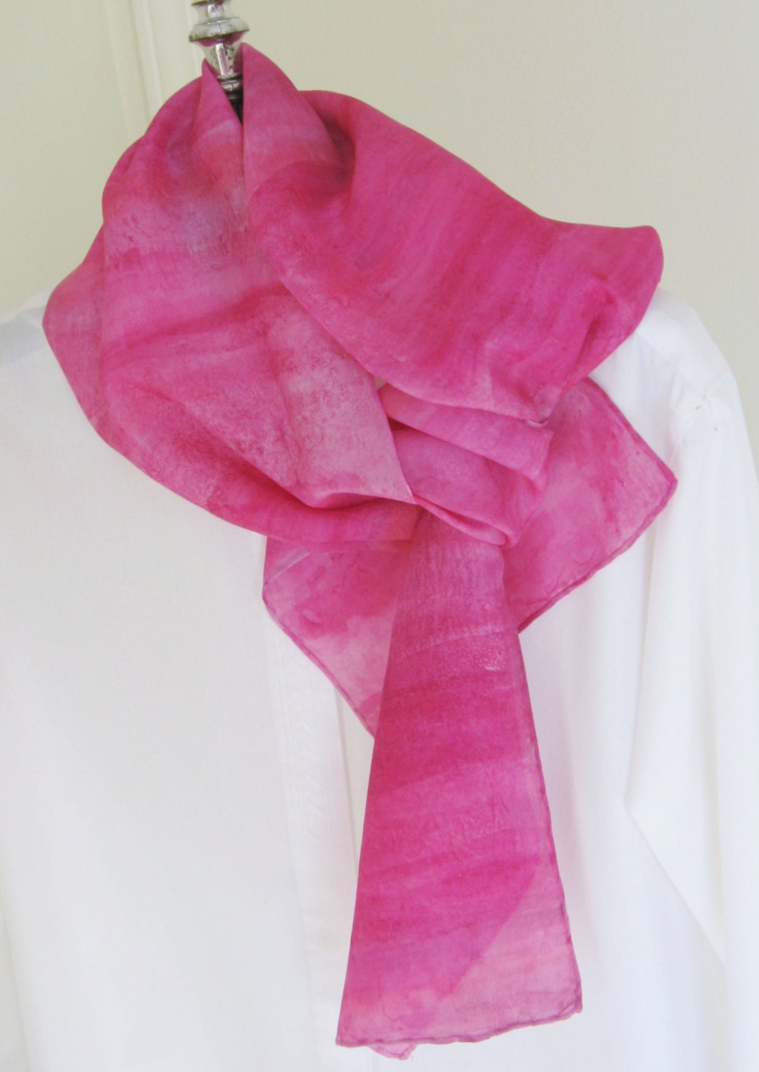 Hand painted silk scarf pink rose orange design 8x54 long  scarf