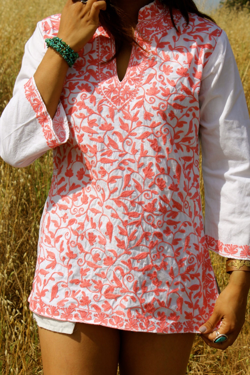 Indian Hand Embroidered Classic Bohemian Hippie Tunic Top Circa 1960s 1970s