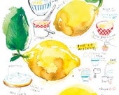 Lemon meringue pie recipe poster, Citrus watercolor painting, 11X14 Fruit illustration art print, Yellow kitchen decor