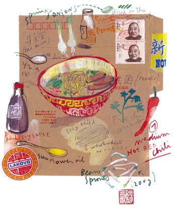 Kitchen art print, Asian food illustration, Spicy chinese soup recipe poster, cooking print, Home decor