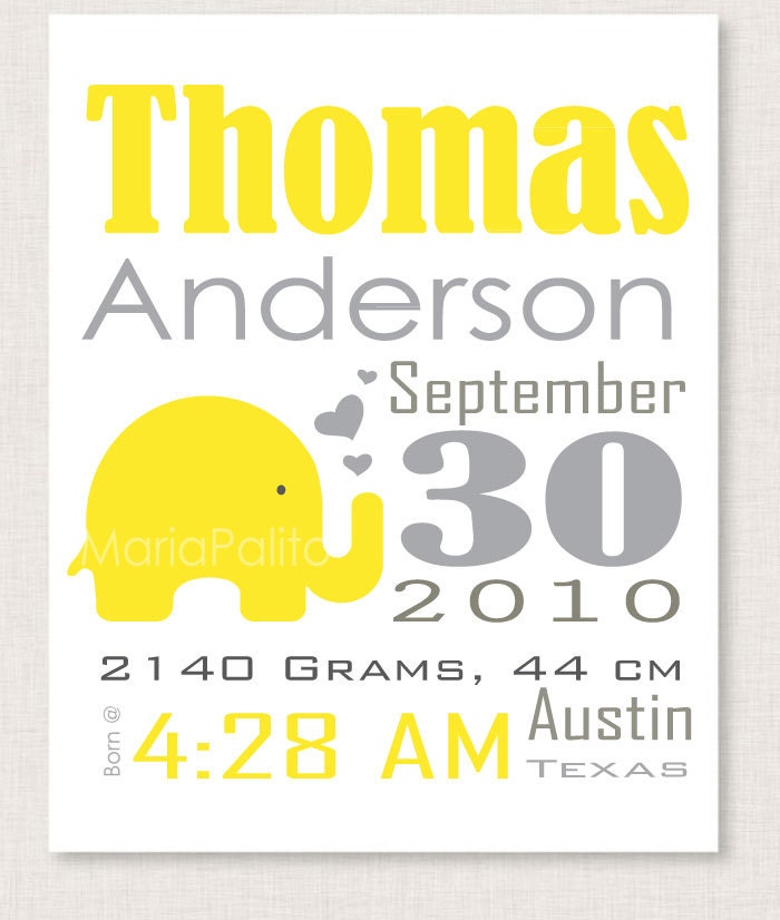 Baby Elephant Birth Announcement,  Yellow and grey nursery wall print A521