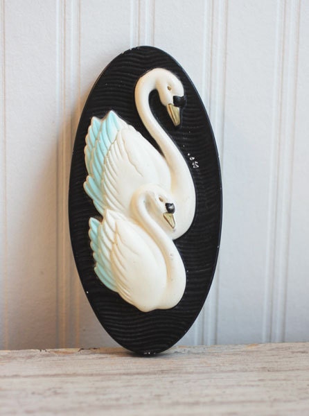 Vintage Chalkware Swan 1965 Miller Studio Wall Hanging Placque black with white blue Bird for powder room