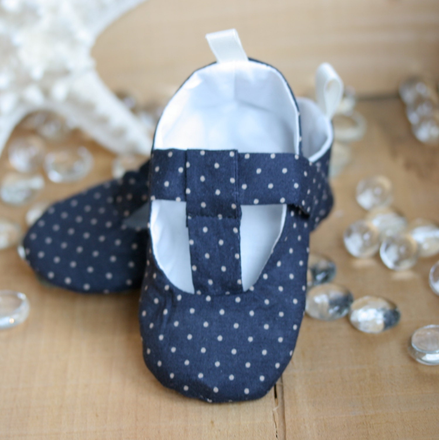 Baby Girl Shoes Navy and Taupe Pin Dot T-Strap Mary Janes - Soft Sole Baby Booties