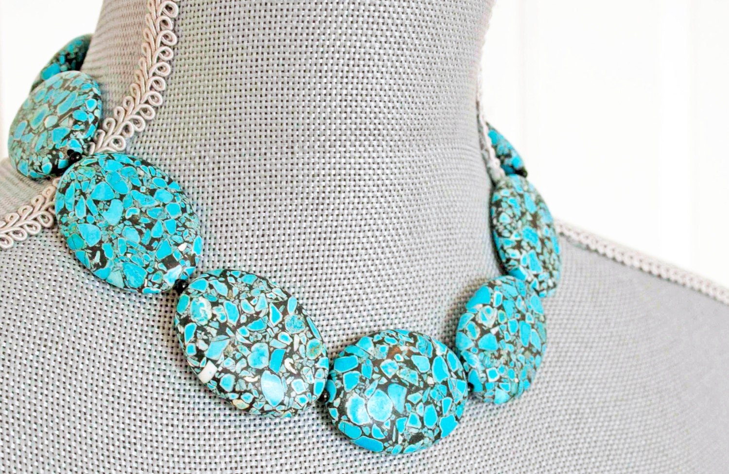 TURQUOISE Necklace stone blue silver christmas western metal boho teal birthday for her big large beaded beadwork stone oval strand