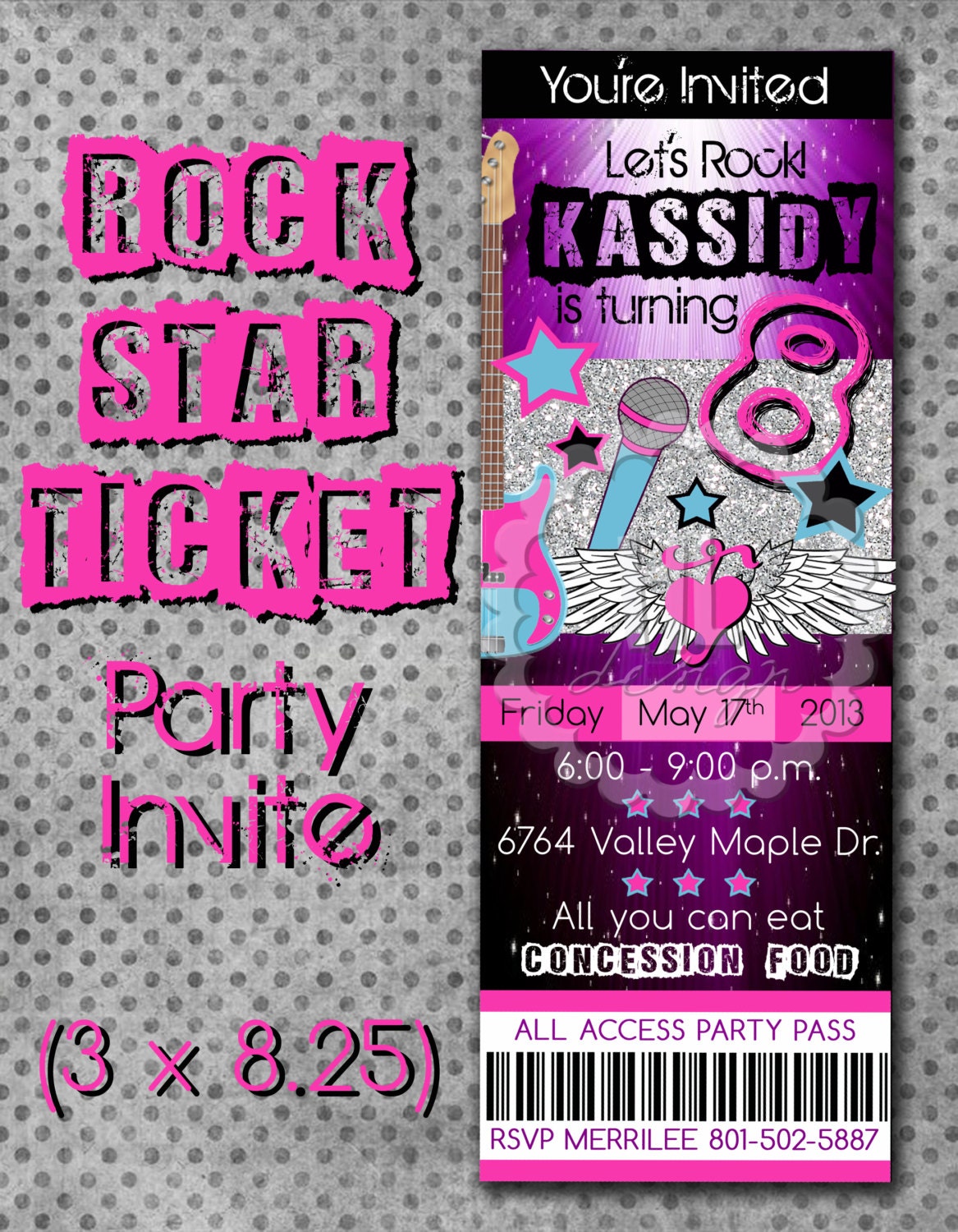 ROCK STAR Rockstar Ticket Birthday Invitation -- Custom Digital File -- Printable or print for you