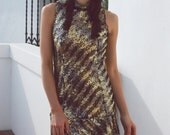 Sequin Dress Drop Waist 60s Designer Pat Sandler Zig Zag Dress M
