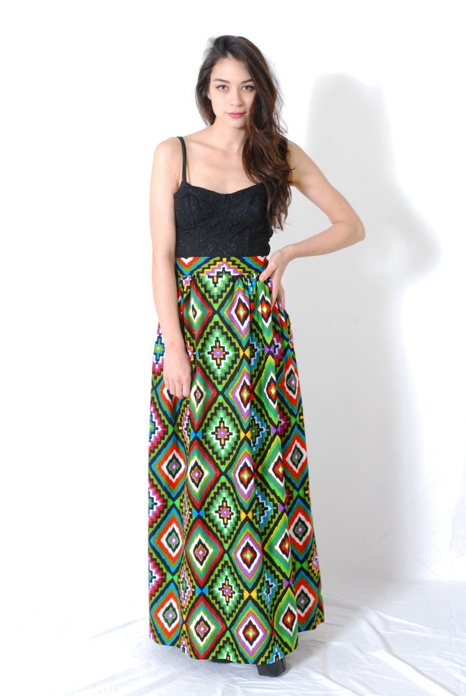 Vintage NEON Psychedelic Maxi Skirt 60s Hippie Boho Super Model Length Maxi M L