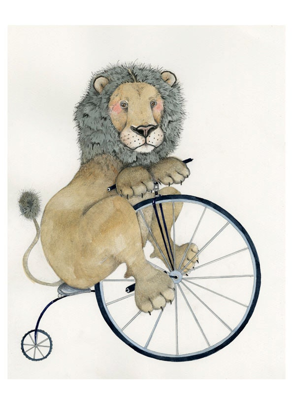 Lion Print Giclee print Lion on a Penny Farthing 8x11