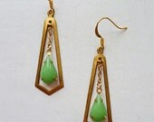 Art Deco Vintage Geometric Green Glass Drop Earrings with Vintage Brass Shapes and 1950s Smooth Green Glass Teardrops // Retro Madmen Mod
