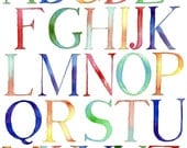 Alphabet Watercolor Painting - Typography Kids Room Watercolor Art Print, Rainbow Letters - 11x14 Wall Art