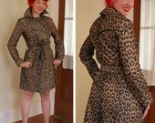 FABULOUS 1960's Style Leopard Print Designer Trench Rain Coat by Via Spiga - Belt - Pockets - Mod - Bettie Page - Water Proof - Size M to L