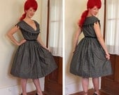 THE BEST 1950's Couture New Look Atomic Grey & Black Plaid Party Dress w/ Tassel Trimmed Huge Shawl Collar and Plunging Bust - Dior - Size M