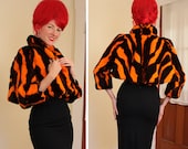 KILLER Couture 1960's Dyed & Painted TIGER Print Sheared Rabbit Fur Cropped Swing Cut Bolero Coat by Graf's Exclusive Furs - Size M to L