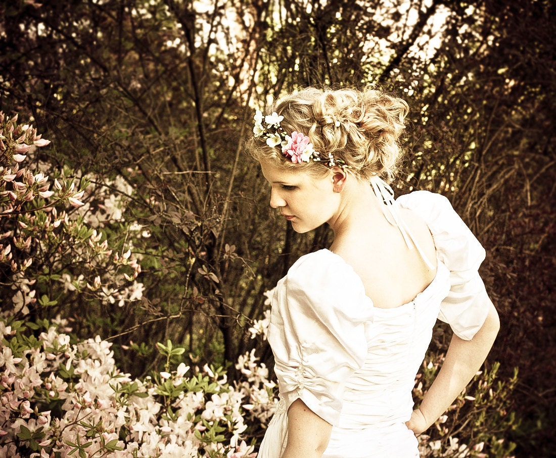 Enchanted -  White 1980ies Wedding dress Satin tulle Draped fitting Beaded bodice and Lace Skirt Dress