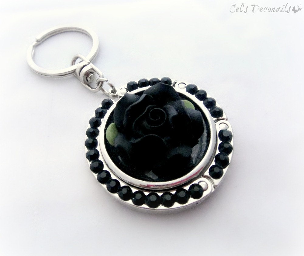 Black rose rhinestone keychain, folding purse hook, gothic princess bag charm, gift for her