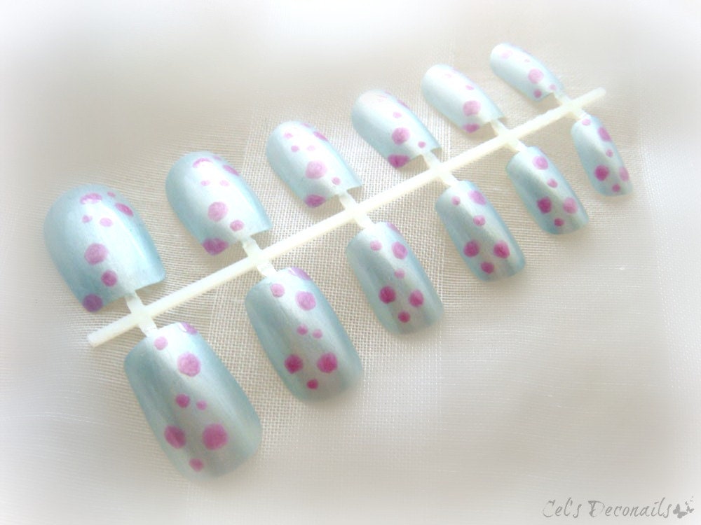 Japanese style polka dot baby blue nails, kawaii nail art set