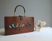 60s vintage Enid Collins box bag purse ... For the Birds, hand-painted wood & leather