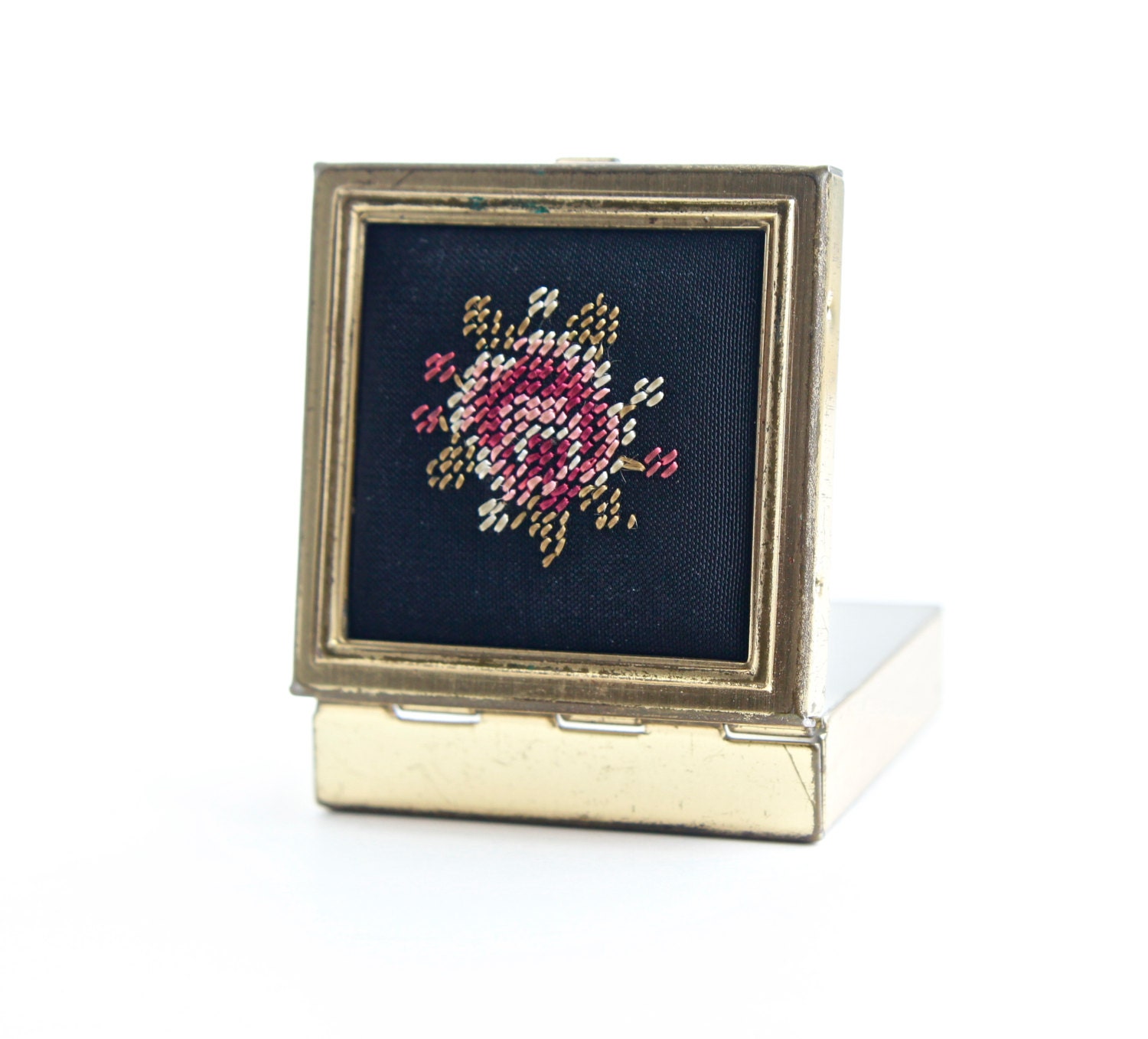 Vintage Petit Point Pill Box - Gold Tone Retro Mid Century Needlepoint Case / Compact Storage
