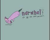 Narwhal vs Unicorn, 8x10 art print, (blue, grey and pink), cute narwhal digital illustration.