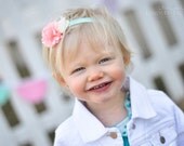 Girls Headband, Coral and Aqua, Baby Headband, Flower Girl, Flower Headband, Newborn Headband, Infant Headband, Newborn Photo Prop