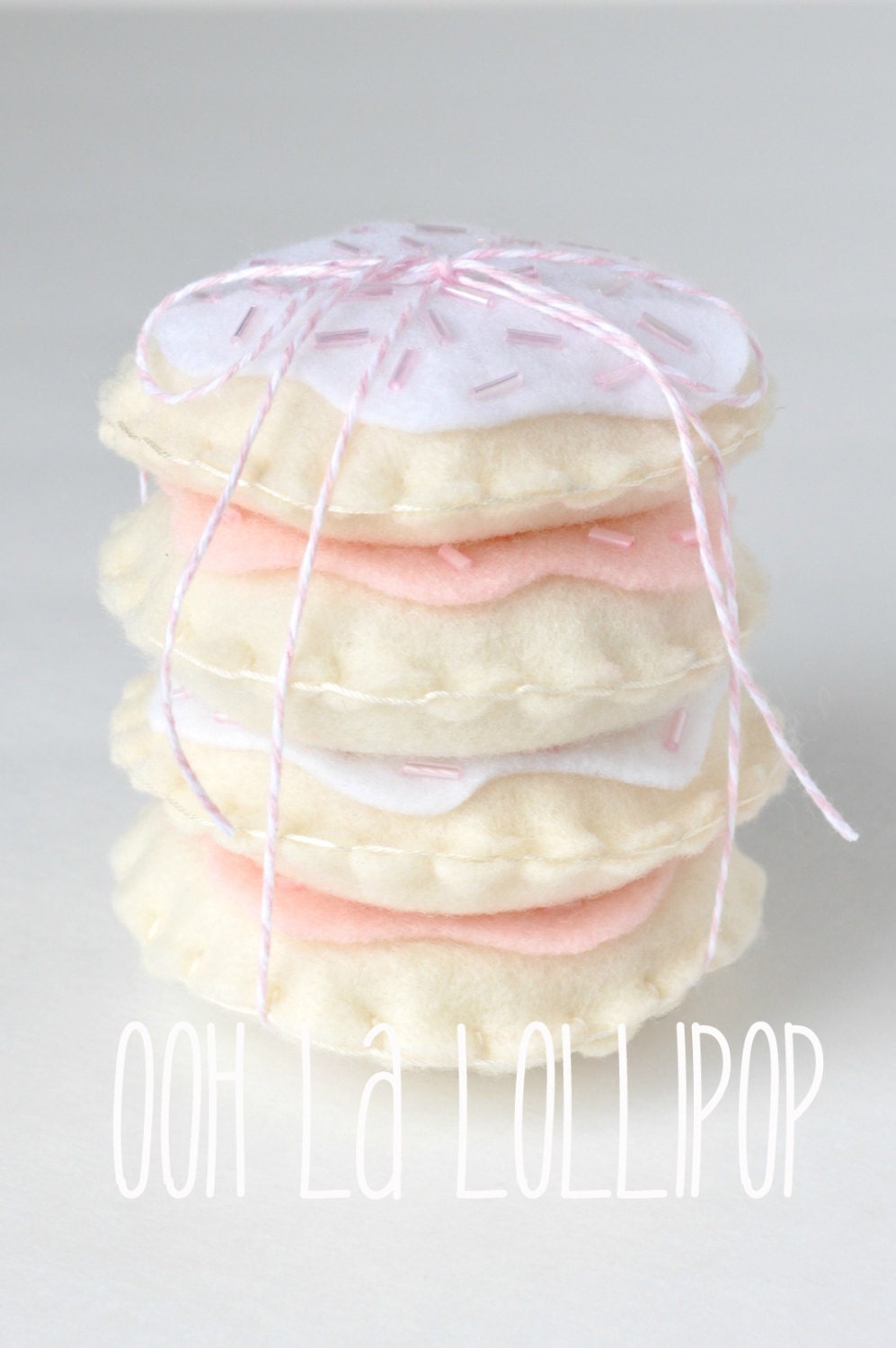 Pink and White Frosted Felt Sugar Cookies with bead "sprinkles", set of four