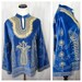 1960's Embroidered velvet tunic top. Blue velvet with metallic gold embroidery, wide bell sleeves.