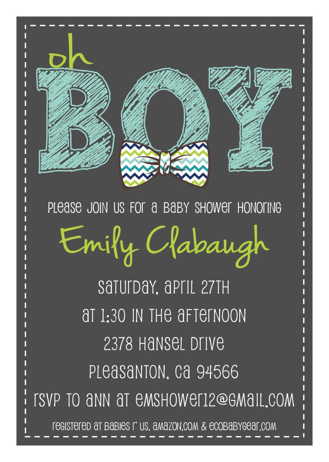 PRINTABLE PDF - "Oh Boy" Chevron Bowtie Baby Shower Invitation