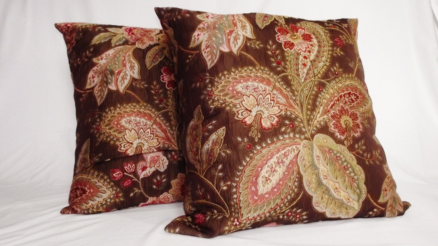 Pillow Cover 24x24 Embroidered Chocolate Brown , Aqua, Rose, Red, Gold, Sage, Pink Floral Leaf Pattern