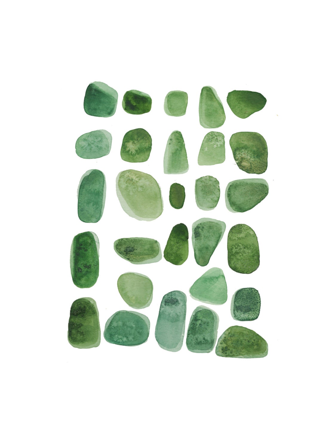 original watercolor painting home decor - Beach Finds - Rocks pebbles blue green Abstract painting