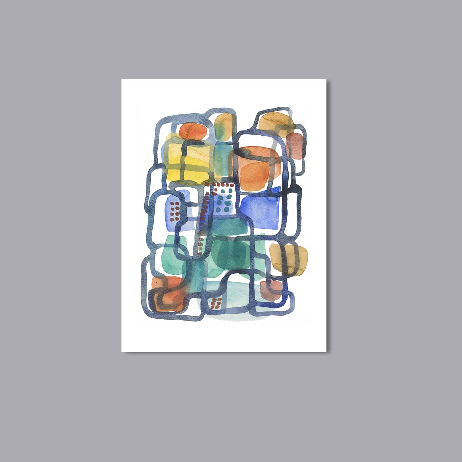 Garden plan IV Abstract painting little watercolor painting red green dark blue lines  Home decor original art watercolor  painting