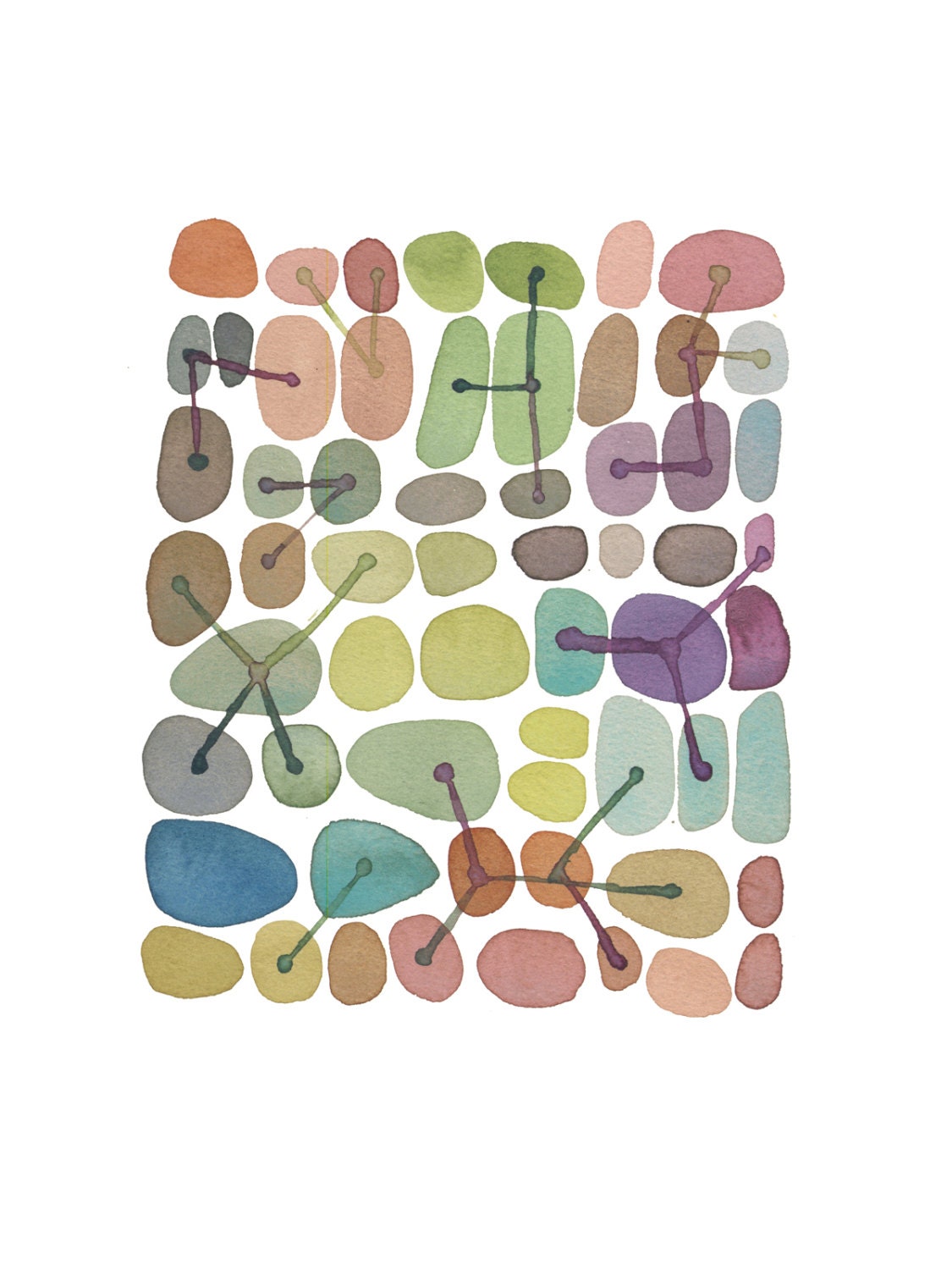 Color Connections - Original watercolor painting - colored spots dots connected by geometric lines - abstract painting gren purple brown
